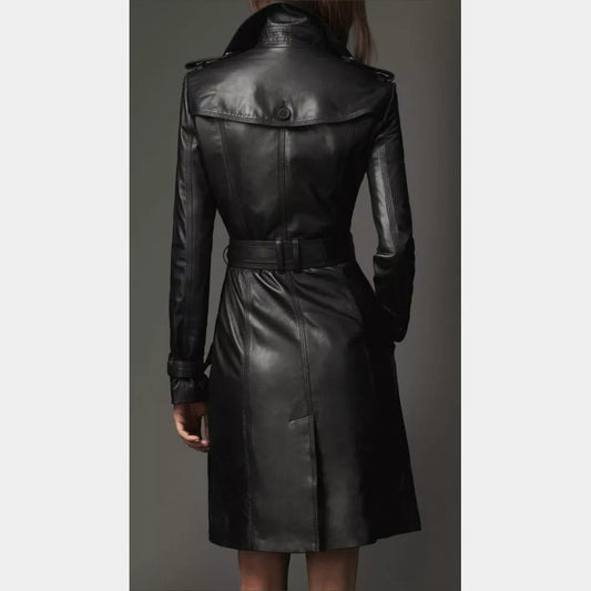 Women's Black Leather Trench Coat