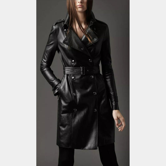 Women's Black Leather Trench Coat