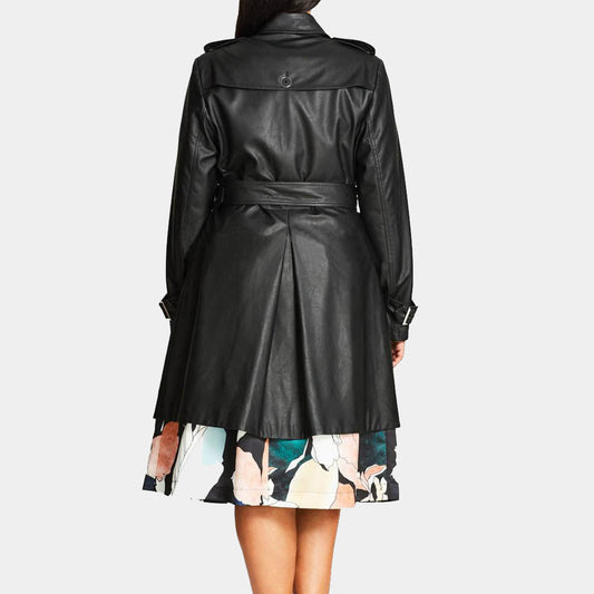 Classic Black Leather Trench Coat - Women