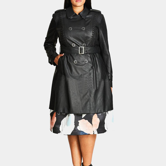 Classic Black Leather Trench Coat - Women