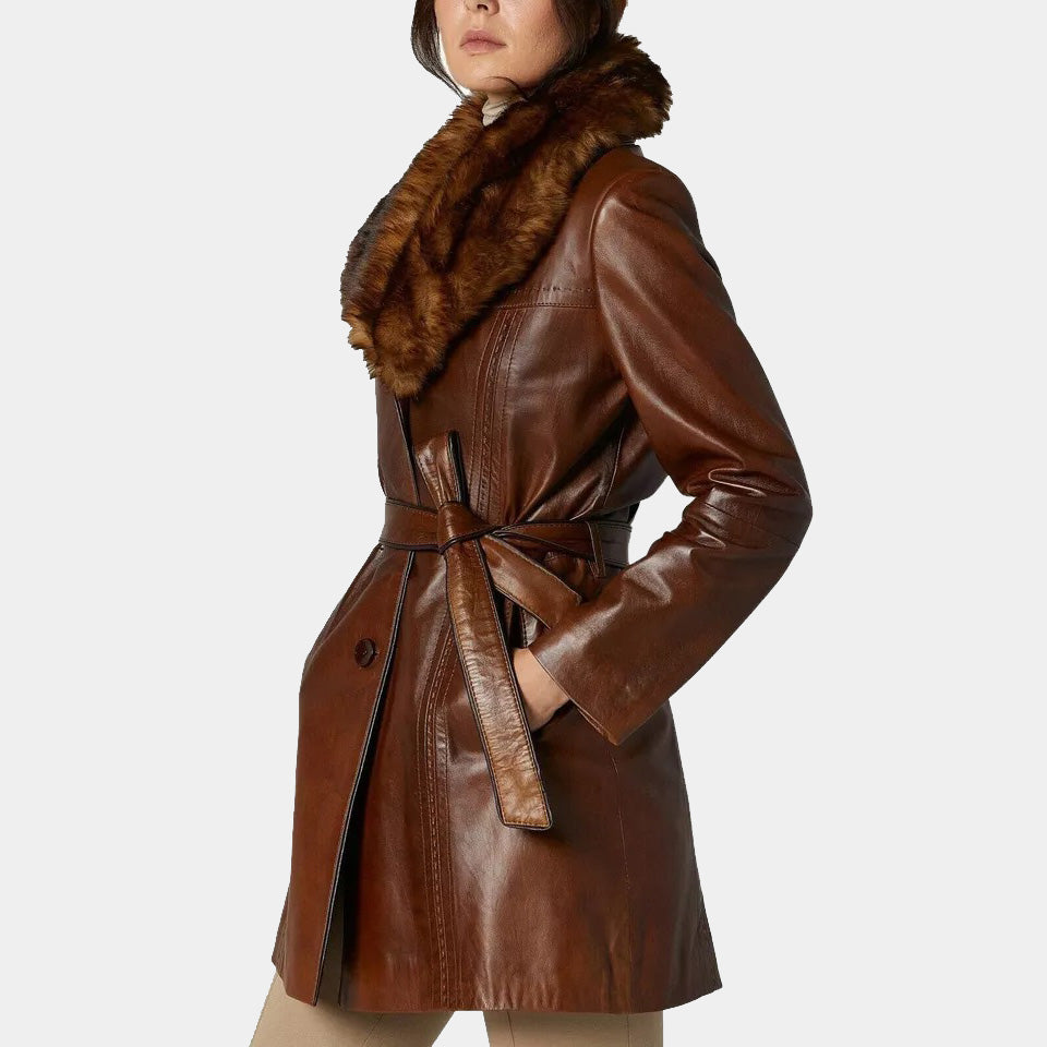 Womens Brown leather Fur Long Trench Coat