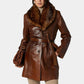 Womens Brown leather Fur Long Trench Coat