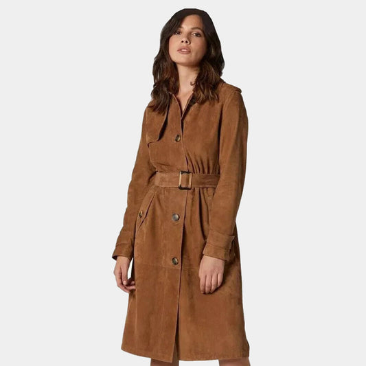 Women's Classic Italian Brown Suede Leather Long Trench Coat