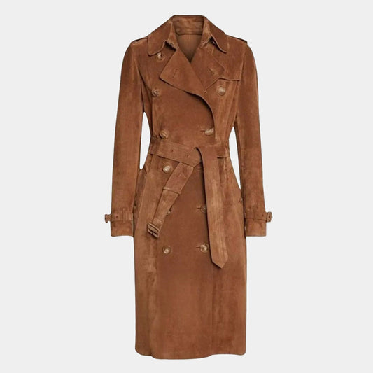 Women's Classic Italian Brown Suede Leather Long Trench Coat