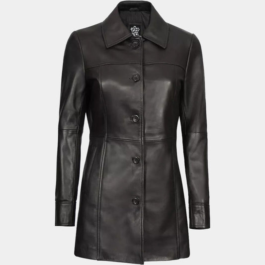 Women's Stylish Lambskin Black Trench Coat