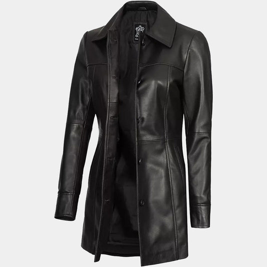 Women's Stylish Lambskin Black Trench Coat