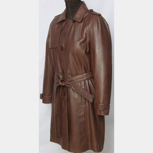 Trench Coat Women's Long Brown Leather Coat