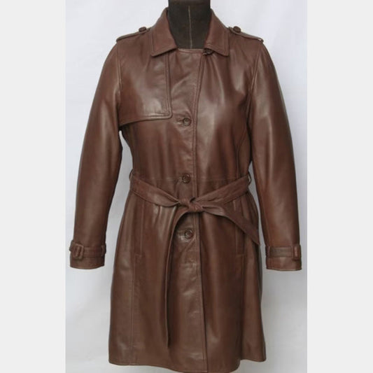 Trench Coat Women's Long Brown Leather Coat