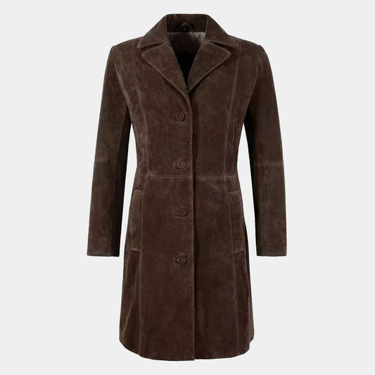 Womens Vintage Brown Suede Leather Trench Coat