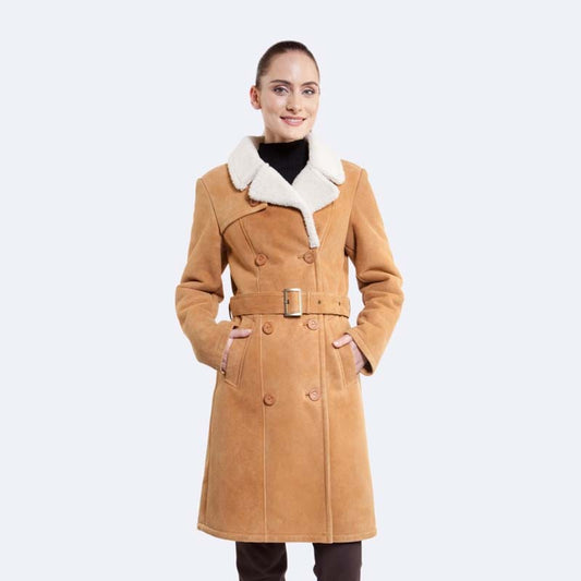 Women Buy Best New Looking Style Winter Shearling Long Alexa Tan Sheepskin Coat For Sale