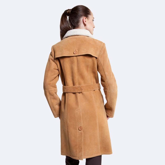 Women Buy Best New Looking Style Winter Shearling Long Alexa Tan Sheepskin Coat For Sale