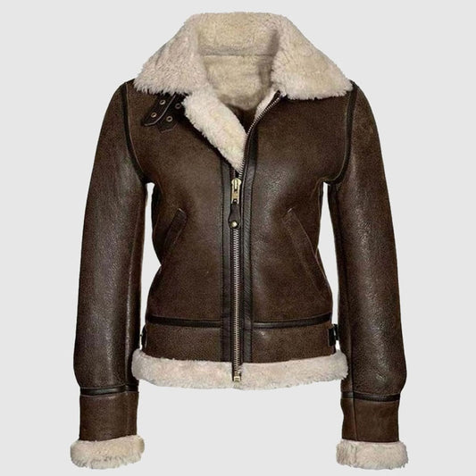 Best Style B3 Bomber Distressed Brown Aviator, Shearling Sheepskin Motorcycle Women Leather Jacket With Faux Fur For New Year Sale