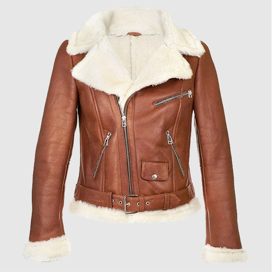 Best B3 Bomber Aviator Brown Leather Jacket, Shearling Sheepskin Motorcycle Women Leather Jacket With Faux Fur For New Year Gift