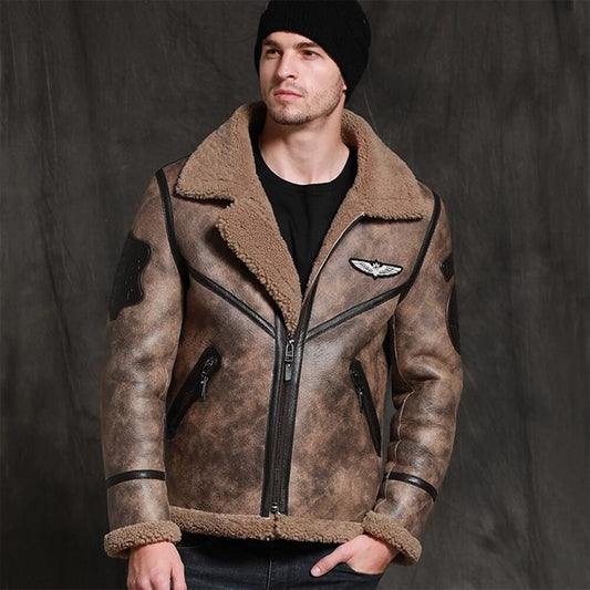 Best Natural Winter Sheepskin Men Coat Real Shearling Fur Leather Jacket For Christmas