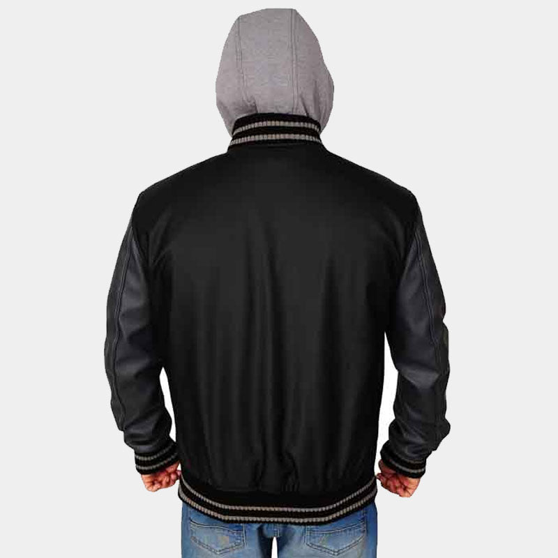 Buy Best Sale Genuine Looking Black & Grey Hoodie Leather Varsity Jacket For Sale
