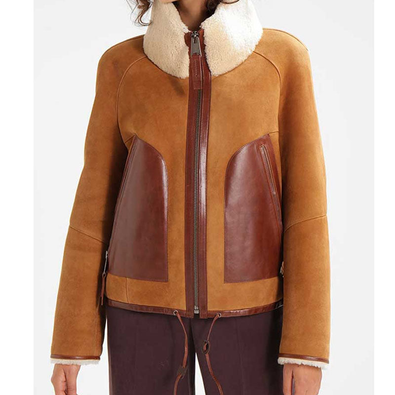 Buy Best Style Winter Sheepskin Alicia Brown Suede Leather Shearling Jacket For Sale