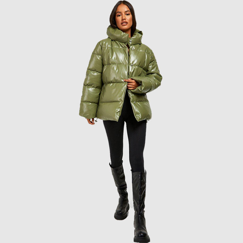 Shop Best Winter Puffer Oversized Faux Leather Bubble Jacket In Discount Prices