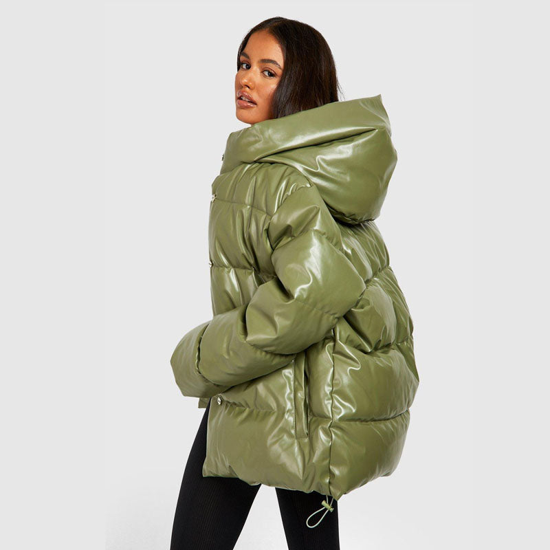 Shop Best Winter Puffer Oversized Faux Leather Bubble Jacket In Discount Prices