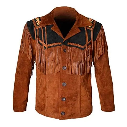 Buy Best Biker Western Cowboy Fringed Suede Leather Brown Black Jacket For Sale