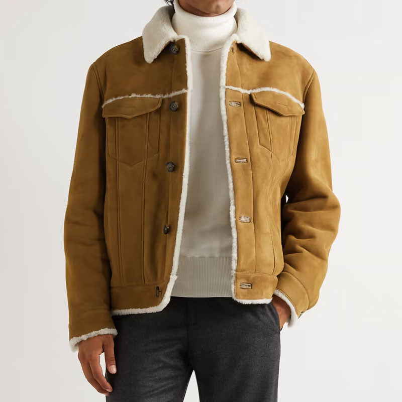 Buy Best Genuine Looking Style Heiden Shearling Leather Tan Jacket For New Year Sale