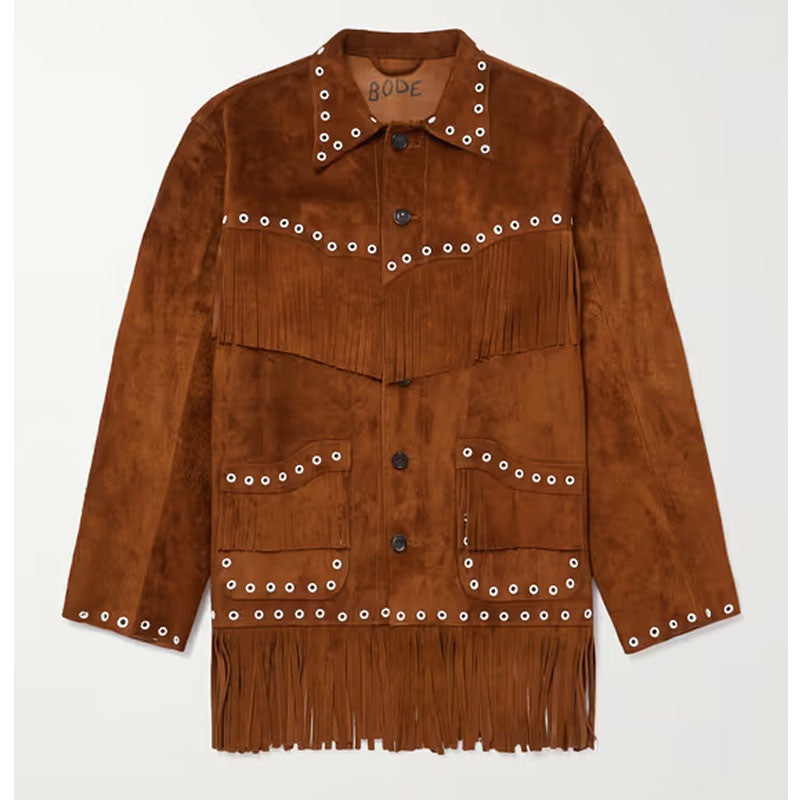 Buy Best Genuine Style Embellished Fringed Brushed Suede Leather Jacket For Christmas Sale