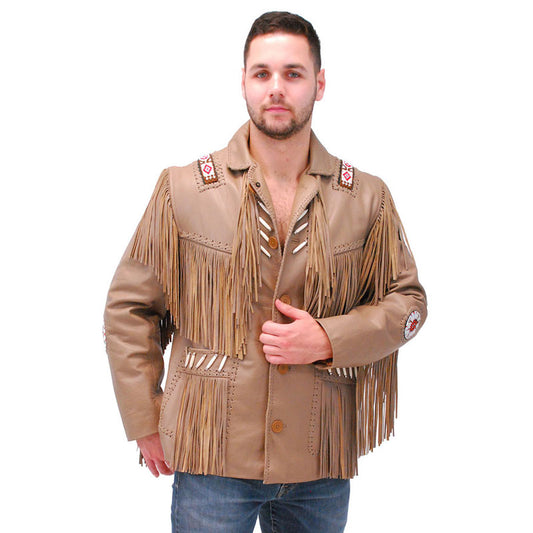 Buy Best Genuine Style Western Brown Leather Jacket Fringe & Bone Beading For Specials Offer New Year 