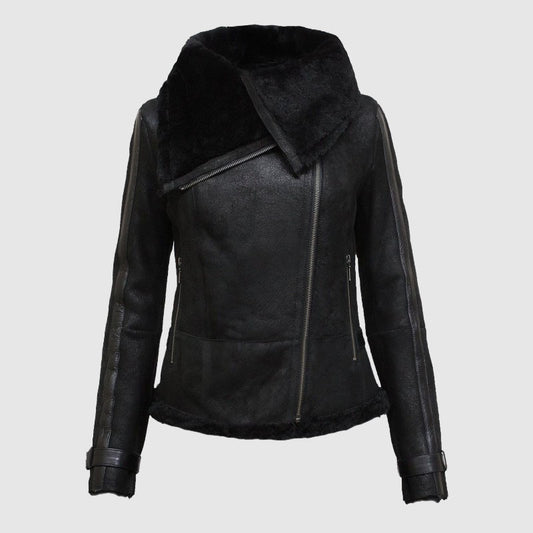 Women Black Shearling Leather Jacket Winter Best Sales