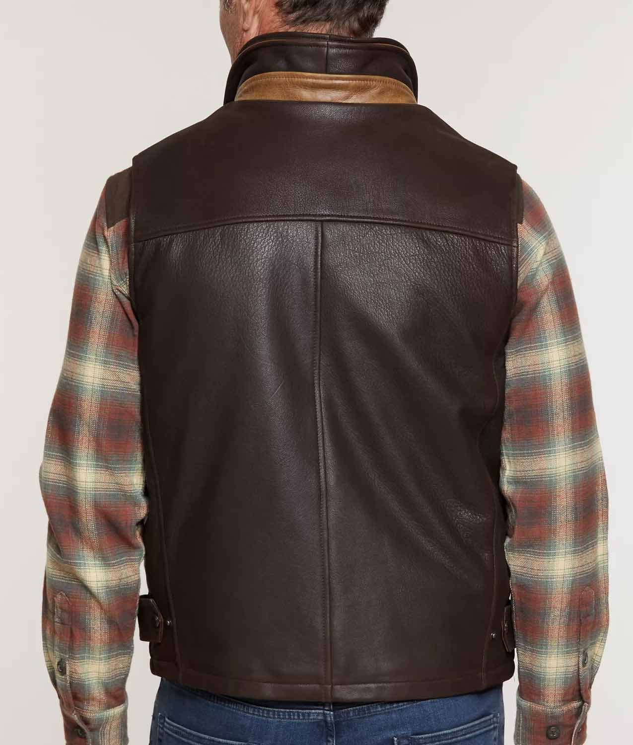 Buy Best Looking Mens Dark Brown Leather Vest Removable Shearling Collar