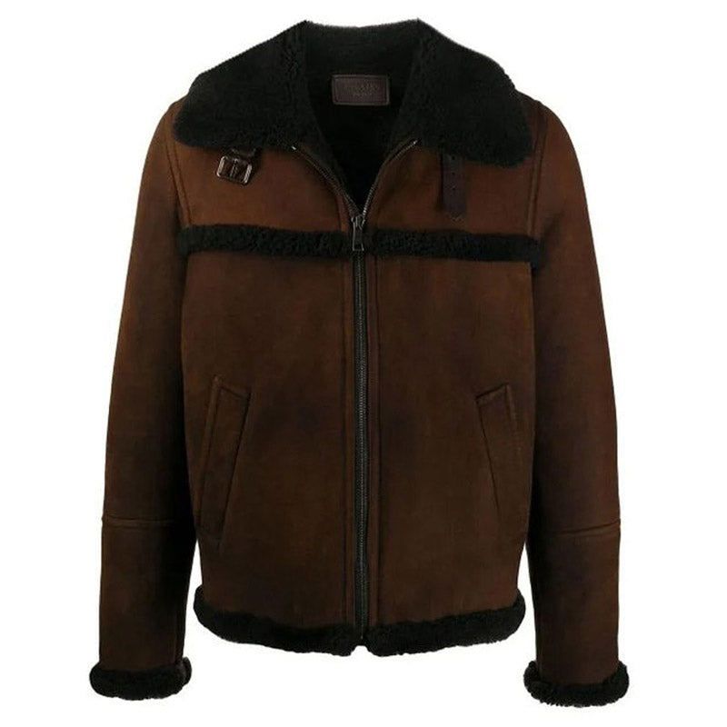 Buy Best Mens New Looking Winter Brown Shearling Short Jacket For Christmas Sale