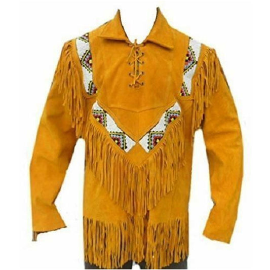 Buy Best Sale Quality Of Cowboy Leather Coat With Fringed Bones & Beads  For New Year Sale
