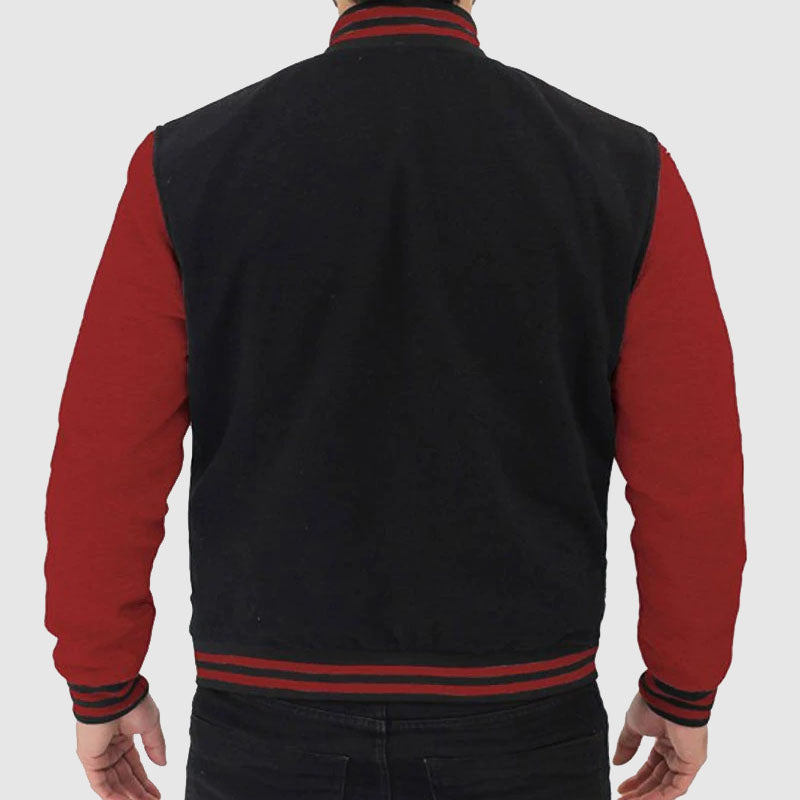 Buy New Style Maroon And Black Best Sales Varsity Leather Jacket For Mens
