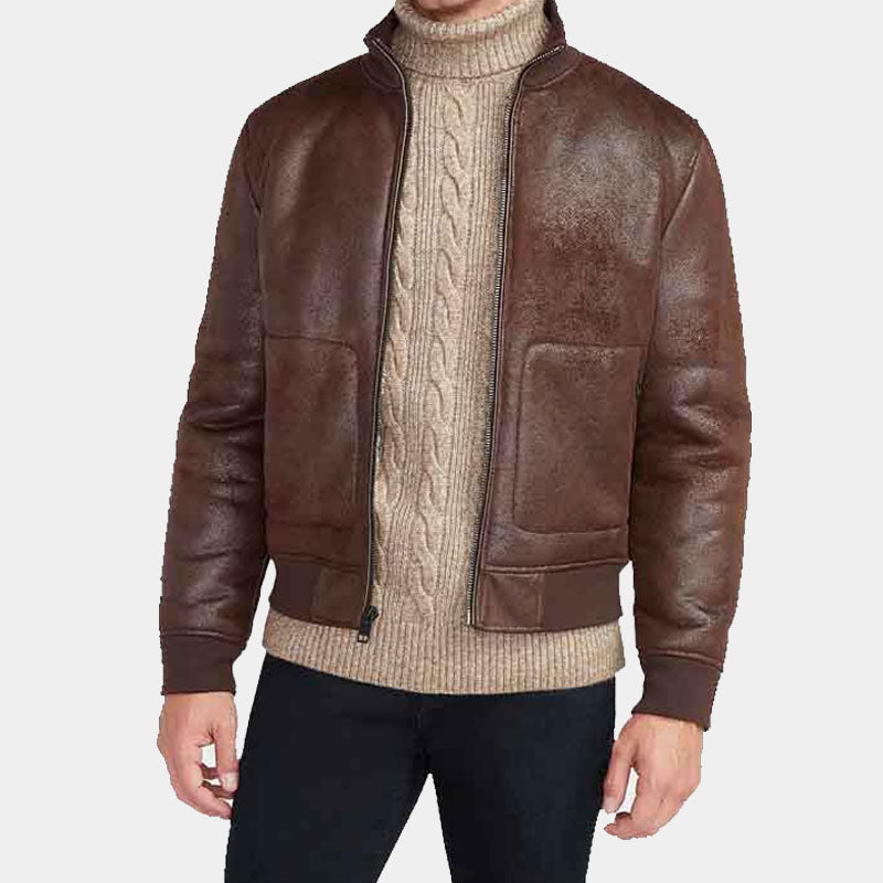 Buy Best Style Fashion Brown Vegan Leather Sherpa Lined Bomber Jacket For Sale