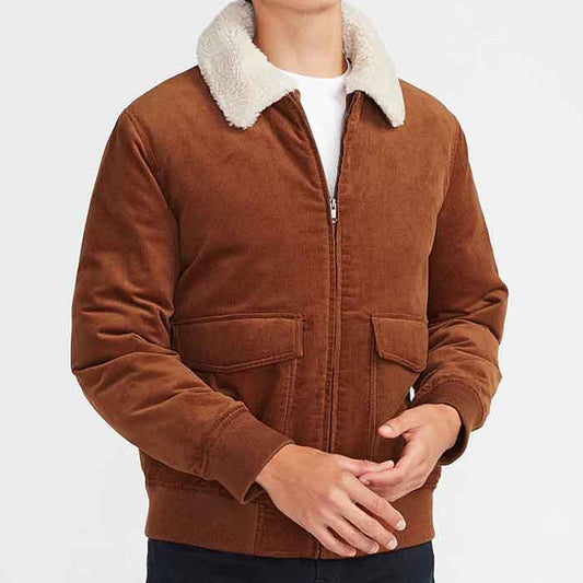 Buy Best Style Fashion Shearling Collar Corduroy Bomber Leather Jacket For Sale