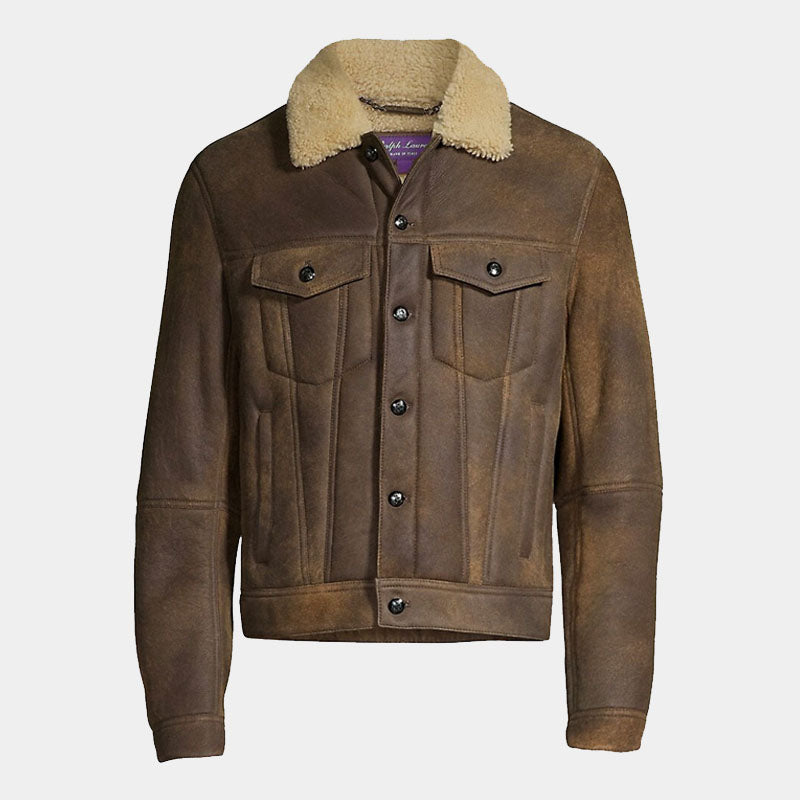 Buy Best Style Rfx Premium Brown Shearling Collar Trucker Jacket For Sale