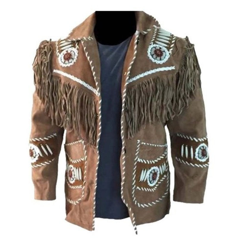 Buy Best Style Western Cowboy Leather Coat With Fringe Bones And Beads Brown For New Year Sale