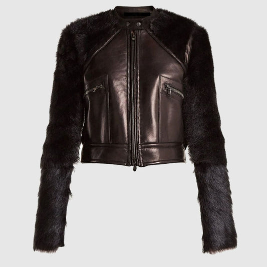 Buy Best Winter Contrast-Sleeve Leather & Shearling Biker Jacket For New Year Sale
