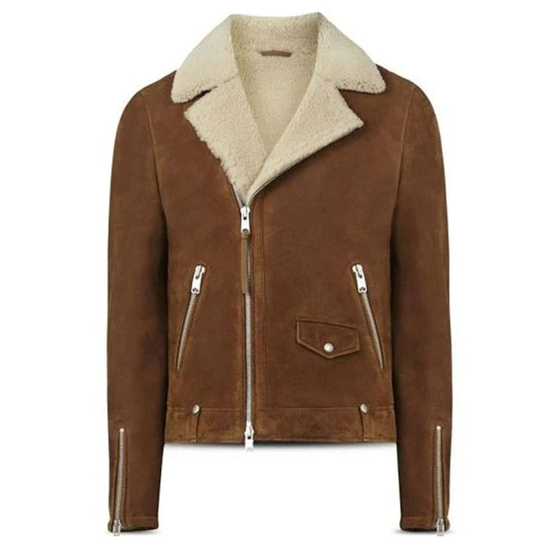 Buy Best Winter Warm Christmas Brown Malmo Shearling Biker Leather Jacket