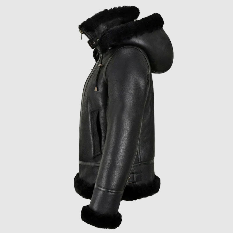 Buy Best Women Sheepskin B3 Bomber Hooded Classic Black Leather Jacket For Sale