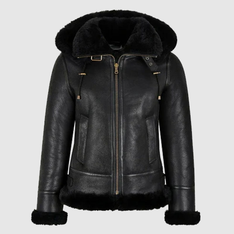 Buy Best Women Sheepskin B3 Bomber Hooded Classic Black Leather Jacket For Sale