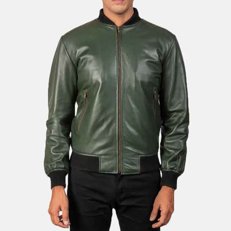 Buy Genuine Best Real Style Green Leather Bomber Jacket For Men's For Sale