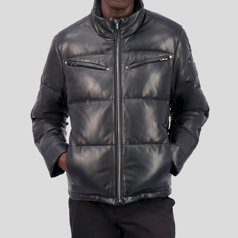 Buy Black Leather Puffer Jacket For Sale