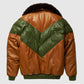 Best Brown & Green Bubble Leather Jacket With Black Fox Collar For Sale 
