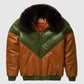 Best Brown & Green Bubble Leather Jacket With Black Fox Collar