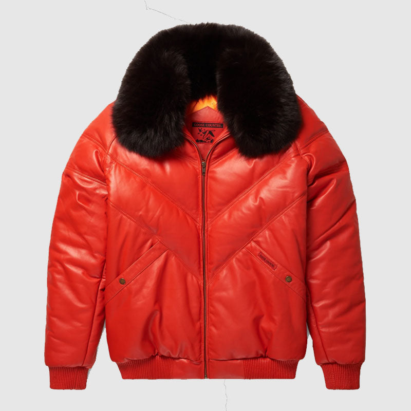 Shop Orange V-Bomber Bubble Leather Jacket For Sale