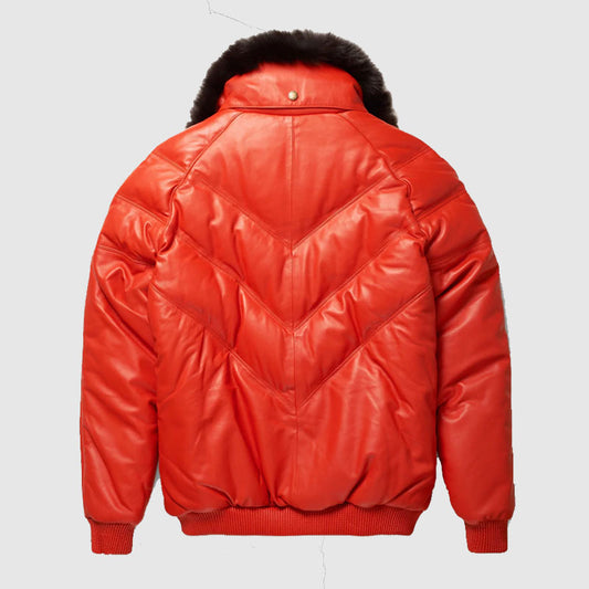 Shop Orange V-Bomber Bubble Leather Jacket Best Sales For Men