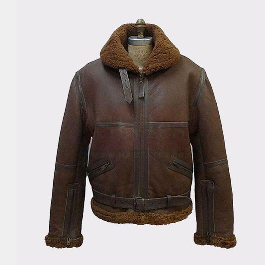 Men's Real Shearling Brown Flight Leather Bomber Jacket with Fur For Sale