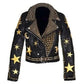 Purchase Best Sale Black And Yellow Punk Spikes Star Studded Leather Jacket 