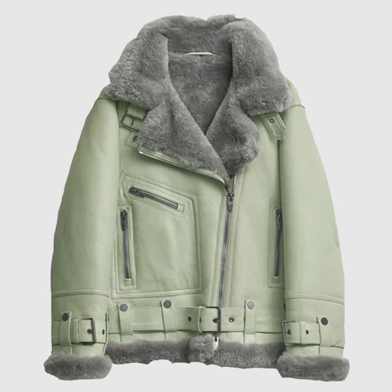 Buy New 2022 Style Women Green RAF Aviator Styled Sheepskin Shearling Leather Jacket Available at Cheap Prices