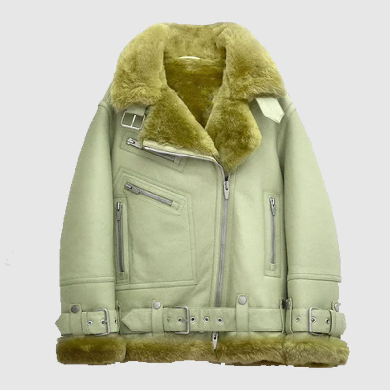 Buy New Women Style Light Green Aviator Styled Sheepskin Shearling Leather Jacket For Sale 