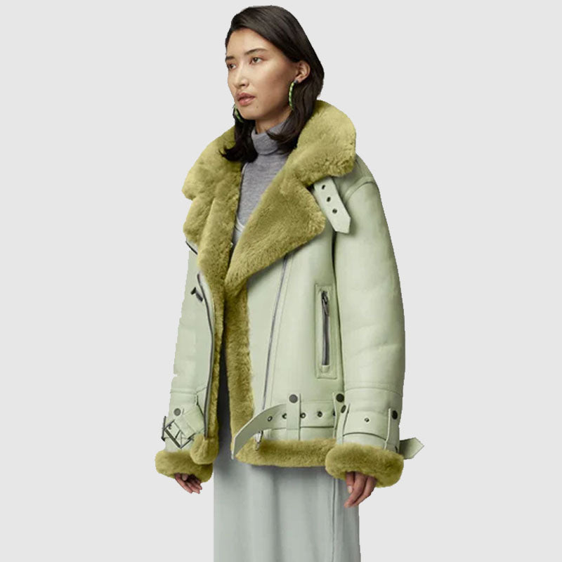 Buy New Women Style Light Green Aviator Styled Sheepskin Shearling Leather Jacket For Sale  With Free Shipping 